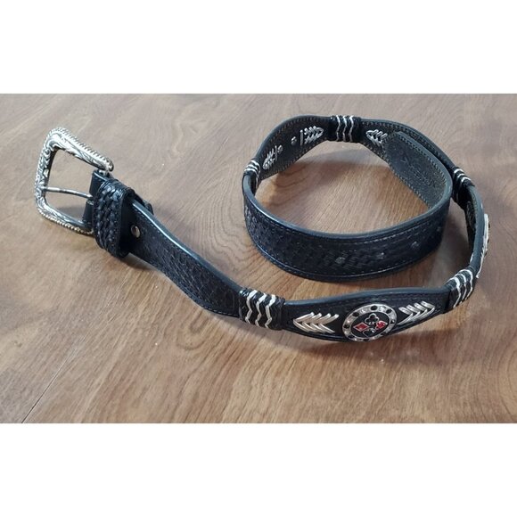 Vintage Black Leather Belt With Playing Card Motif & Silver Detailing Size 32 - Picture 5 of 9